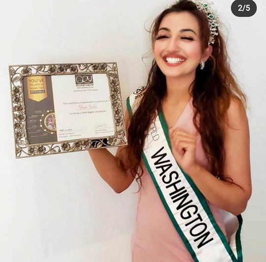 Miss World Washington Shree Saini Honored with Child Rights Champion Award for her Social Work