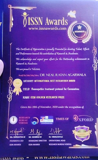 Dr Neal Ratan Agarwala – International Best Researcher Award  Winner For Treatment Protocol for Coronavirus